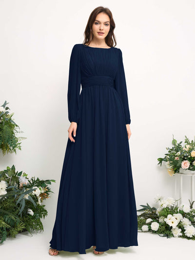 Carlyna Boat Neck Long Sleeve Chiffon Maxi Dress | Elegant A-Line Bridesmaid & Wedding Guest Dress Side View 2 #color_navy