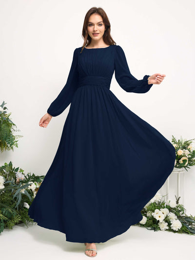 Carlyna Boat Neck Long Sleeve Chiffon Maxi Dress | Elegant A-Line Bridesmaid & Wedding Guest Dress Side View 3 #color_navy