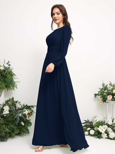 Carlyna Boat Neck Long Sleeve Chiffon Maxi Dress | Elegant A-Line Bridesmaid & Wedding Guest Dress Side View 4 #color_navy