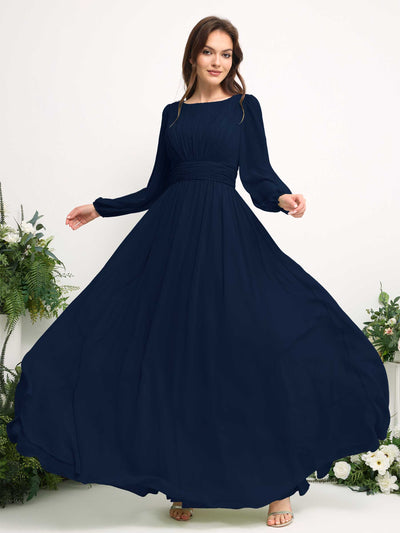 Carlyna Boat Neck Long Sleeve Chiffon Maxi Dress | Elegant A-Line Bridesmaid & Wedding Guest Dress Side View 5 #color_navy