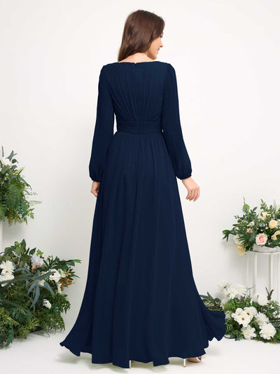 Carlyna Boat Neck Long Sleeve Chiffon Maxi Dress | Elegant A-Line Bridesmaid & Wedding Guest Dress Back View #color_navy