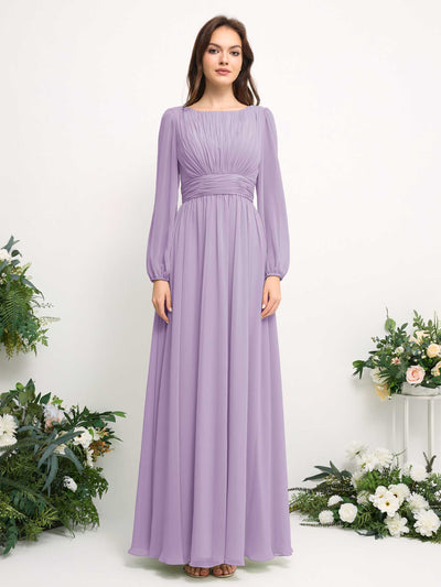 Carlyna Boat Neck Long Sleeve Chiffon Maxi Dress | Elegant A-Line Bridesmaid & Wedding Guest Dress Front View #color_lilac