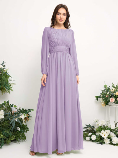 Carlyna Boat Neck Long Sleeve Chiffon Maxi Dress | Elegant A-Line Bridesmaid & Wedding Guest Dress Side View 2 #color_lilac