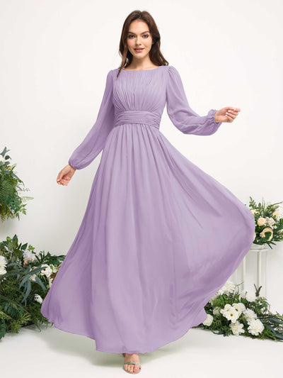 Carlyna Boat Neck Long Sleeve Chiffon Maxi Dress | Elegant A-Line Bridesmaid & Wedding Guest Dress Side View 3 #color_lilac