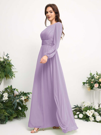 Carlyna Boat Neck Long Sleeve Chiffon Maxi Dress | Elegant A-Line Bridesmaid & Wedding Guest Dress Side View 4 #color_lilac
