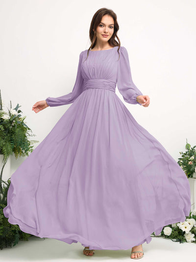 Carlyna Boat Neck Long Sleeve Chiffon Maxi Dress | Elegant A-Line Bridesmaid & Wedding Guest Dress Side View 5 #color_lilac
