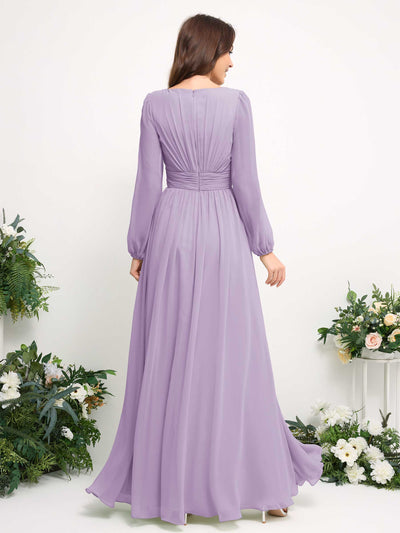 Carlyna Boat Neck Long Sleeve Chiffon Maxi Dress | Elegant A-Line Bridesmaid & Wedding Guest Dress Back View #color_lilac