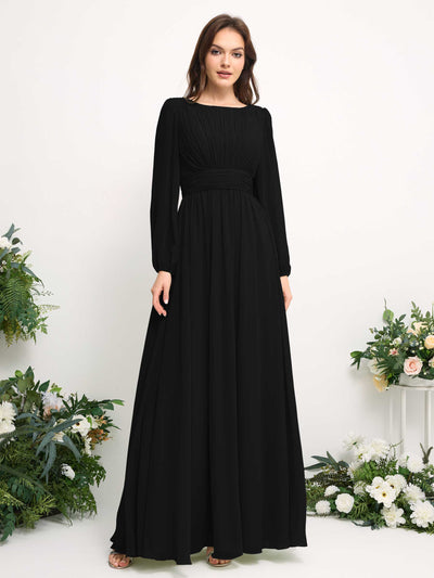 Carlyna Boat Neck Long Sleeve Chiffon Maxi Dress | Elegant A-Line Bridesmaid & Wedding Guest Dress Side View 2 #color_black