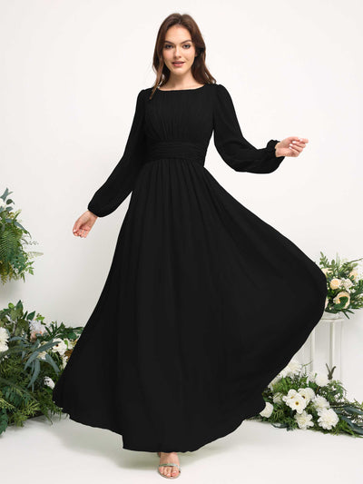 Carlyna Boat Neck Long Sleeve Chiffon Maxi Dress | Elegant A-Line Bridesmaid & Wedding Guest Dress Side View 3 #color_black
