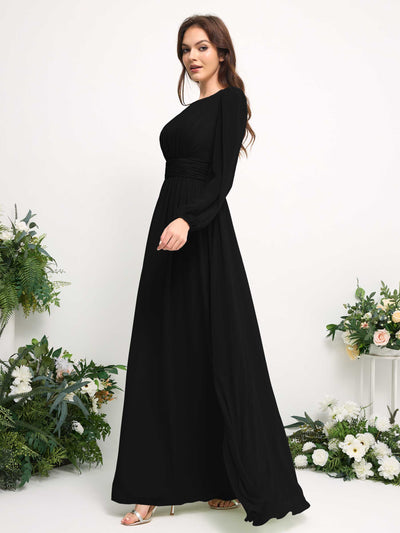 Carlyna Boat Neck Long Sleeve Chiffon Maxi Dress | Elegant A-Line Bridesmaid & Wedding Guest Dress Side View 4 #color_black