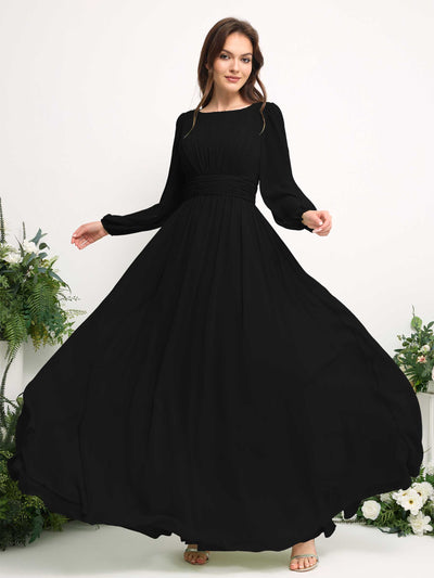 Carlyna Boat Neck Long Sleeve Chiffon Maxi Dress | Elegant A-Line Bridesmaid & Wedding Guest Dress Side View 5 #color_black