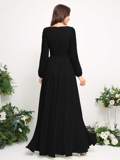 Carlyna Boat Neck Long Sleeve Chiffon Maxi Dress | Elegant A-Line Bridesmaid & Wedding Guest Dress Back View #color_black