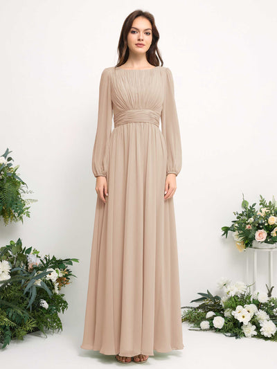 Carlyna Boat Neck Long Sleeve Chiffon Maxi Dress | Elegant A-Line Bridesmaid & Wedding Guest Dress Front View #color_champagne