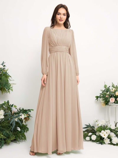 Carlyna Boat Neck Long Sleeve Chiffon Maxi Dress | Elegant A-Line Bridesmaid & Wedding Guest Dress Side View 2 #color_champagne