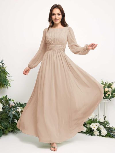 Carlyna Boat Neck Long Sleeve Chiffon Maxi Dress | Elegant A-Line Bridesmaid & Wedding Guest Dress Side View 3 #color_champagne