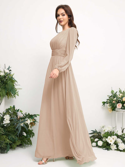 Carlyna Boat Neck Long Sleeve Chiffon Maxi Dress | Elegant A-Line Bridesmaid & Wedding Guest Dress Side View 4 #color_champagne