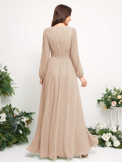 Carlyna Boat Neck Long Sleeve Chiffon Maxi Dress | Elegant A-Line Bridesmaid & Wedding Guest Dress Back View #color_champagne