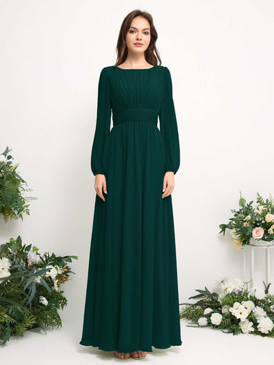 Carlyna Boat Neck Long Sleeve Chiffon Maxi Dress | Elegant A-Line Bridesmaid & Wedding Guest Dress Front View #color_dark-emerald