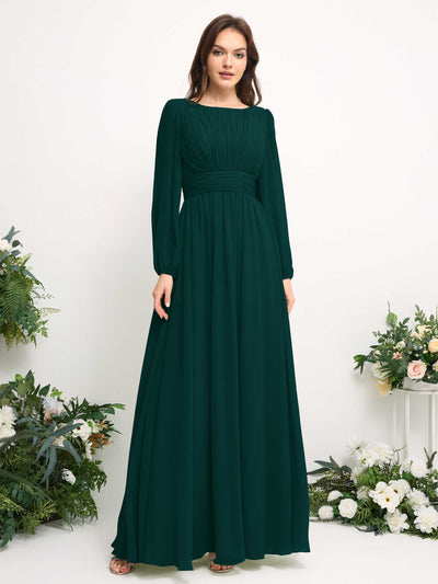 Carlyna Boat Neck Long Sleeve Chiffon Maxi Dress | Elegant A-Line Bridesmaid & Wedding Guest Dress Side View 2 #color_dark-emerald