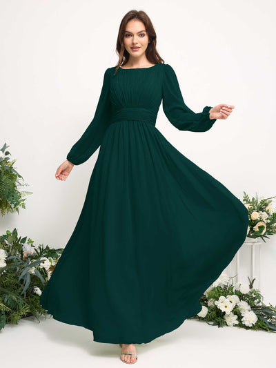 Carlyna Boat Neck Long Sleeve Chiffon Maxi Dress | Elegant A-Line Bridesmaid & Wedding Guest Dress Side View 3 #color_dark-emerald