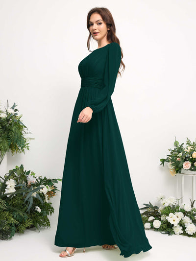 Carlyna Boat Neck Long Sleeve Chiffon Maxi Dress | Elegant A-Line Bridesmaid & Wedding Guest Dress Side View 4 #color_dark-emerald
