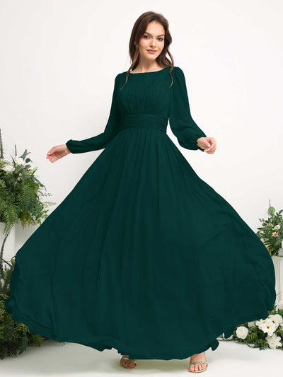 Carlyna Boat Neck Long Sleeve Chiffon Maxi Dress | Elegant A-Line Bridesmaid & Wedding Guest Dress Side View 5 #color_dark-emerald