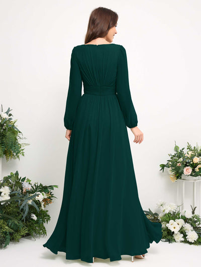 Carlyna Boat Neck Long Sleeve Chiffon Maxi Dress | Elegant A-Line Bridesmaid & Wedding Guest Dress Back View #color_dark-emerald