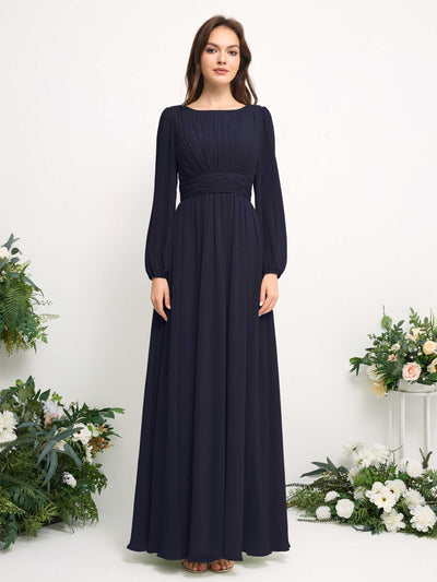 Carlyna Boat Neck Long Sleeve Chiffon Maxi Dress | Elegant A-Line Bridesmaid & Wedding Guest Dress Front View #color_dark-navy