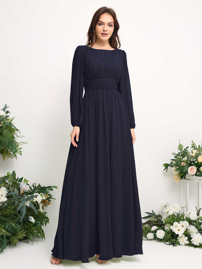 Carlyna Boat Neck Long Sleeve Chiffon Maxi Dress | Elegant A-Line Bridesmaid & Wedding Guest Dress Side View 2 #color_dark-navy