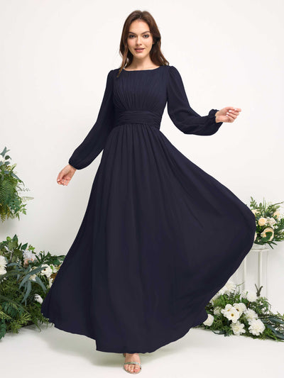 Carlyna Boat Neck Long Sleeve Chiffon Maxi Dress | Elegant A-Line Bridesmaid & Wedding Guest Dress Side View 3 #color_dark-navy