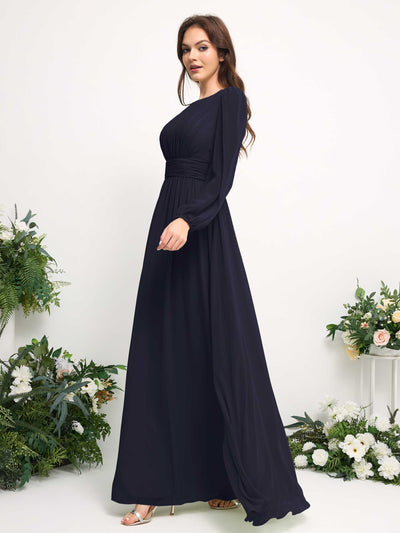 Carlyna Boat Neck Long Sleeve Chiffon Maxi Dress | Elegant A-Line Bridesmaid & Wedding Guest Dress Side View 4 #color_dark-navy