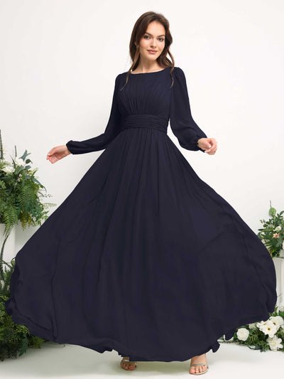 Carlyna Boat Neck Long Sleeve Chiffon Maxi Dress | Elegant A-Line Bridesmaid & Wedding Guest Dress Side View 5 #color_dark-navy
