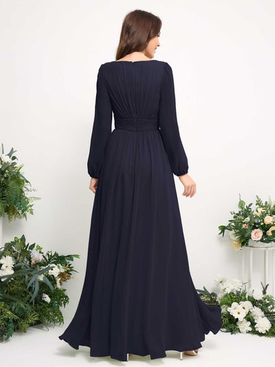 Carlyna Boat Neck Long Sleeve Chiffon Maxi Dress | Elegant A-Line Bridesmaid & Wedding Guest Dress Back View #color_dark-navy