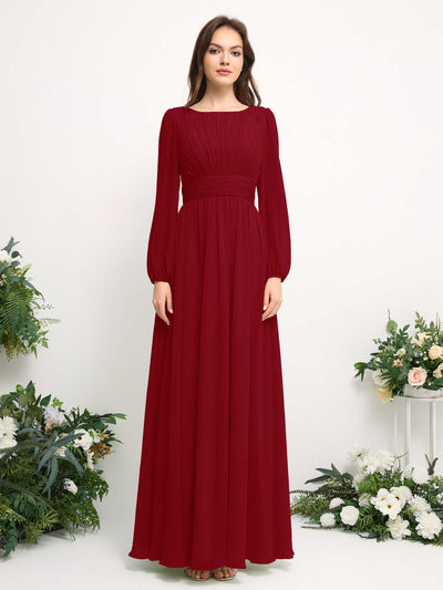 Carlyna Boat Neck Long Sleeve Chiffon Maxi Dress | Elegant A-Line Bridesmaid & Wedding Guest Dress Front View #color_rust