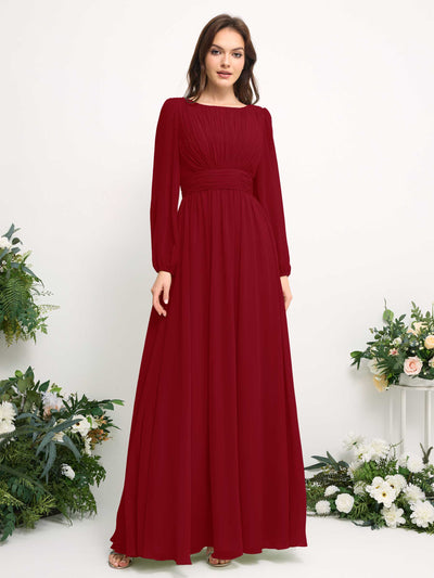 Carlyna Boat Neck Long Sleeve Chiffon Maxi Dress | Elegant A-Line Bridesmaid & Wedding Guest Dress Side View 2 #color_rust