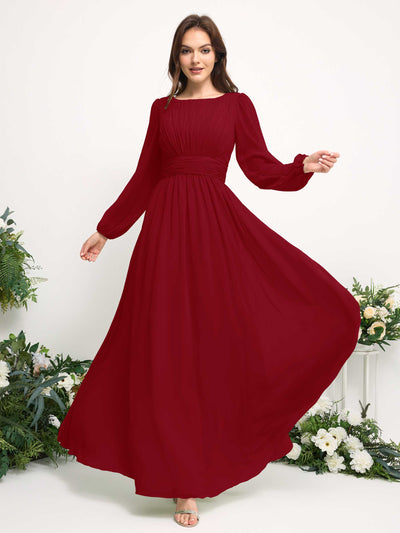 Carlyna Boat Neck Long Sleeve Chiffon Maxi Dress | Elegant A-Line Bridesmaid & Wedding Guest Dress Side View 3 #color_rust