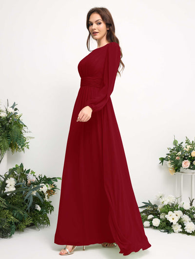 Carlyna Boat Neck Long Sleeve Chiffon Maxi Dress | Elegant A-Line Bridesmaid & Wedding Guest Dress Side View 4 #color_rust