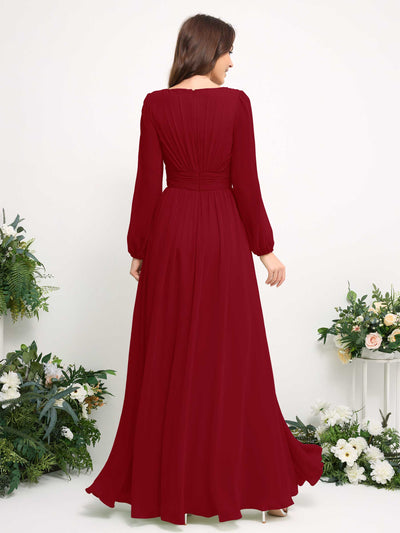 Carlyna Boat Neck Long Sleeve Chiffon Maxi Dress | Elegant A-Line Bridesmaid & Wedding Guest Dress Back View #color_rust