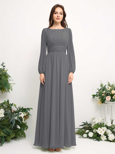 Carlyna Boat Neck Long Sleeve Chiffon Maxi Dress | Elegant A-Line Bridesmaid & Wedding Guest Dress Front View #color_steel-gray