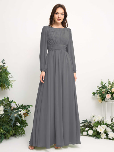 Carlyna Boat Neck Long Sleeve Chiffon Maxi Dress | Elegant A-Line Bridesmaid & Wedding Guest Dress Side View 2 #color_steel-gray