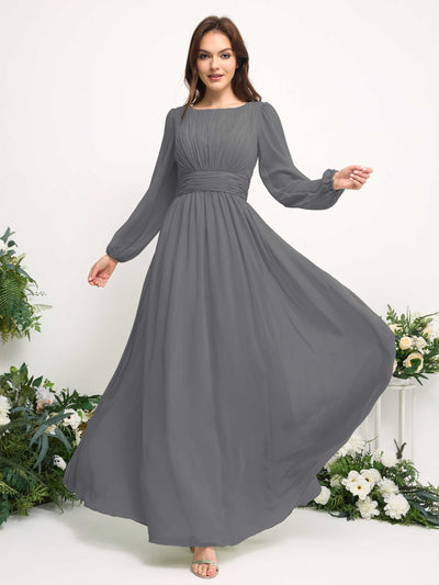 Carlyna Boat Neck Long Sleeve Chiffon Maxi Dress | Elegant A-Line Bridesmaid & Wedding Guest Dress Side View 3 #color_steel-gray