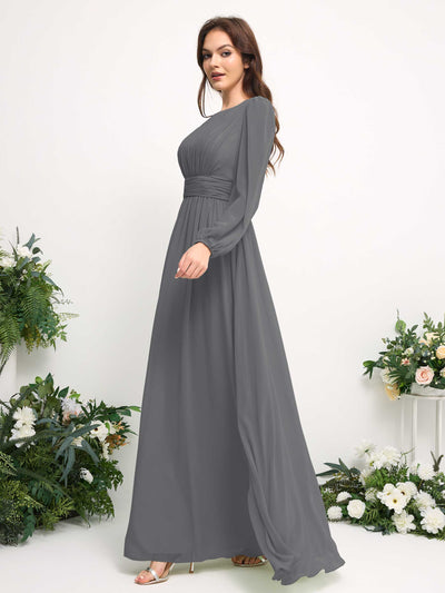 Carlyna Boat Neck Long Sleeve Chiffon Maxi Dress | Elegant A-Line Bridesmaid & Wedding Guest Dress Side View 4 #color_steel-gray