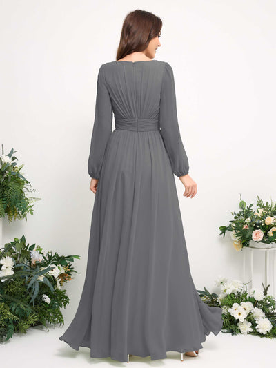 Carlyna Boat Neck Long Sleeve Chiffon Maxi Dress | Elegant A-Line Bridesmaid & Wedding Guest Dress Back View #color_steel-gray