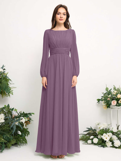 Carlyna Boat Neck Long Sleeve Chiffon Maxi Dress | Elegant A-Line Bridesmaid & Wedding Guest Dress Front View #color_orchid-mist