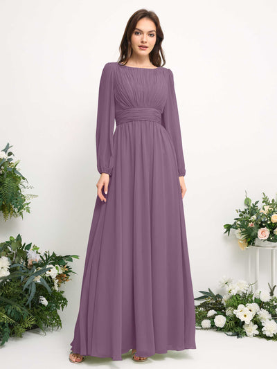 Carlyna Boat Neck Long Sleeve Chiffon Maxi Dress | Elegant A-Line Bridesmaid & Wedding Guest Dress Side View 2 #color_orchid-mist