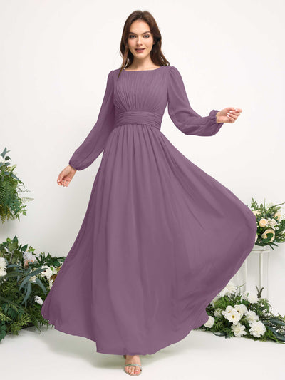 Carlyna Boat Neck Long Sleeve Chiffon Maxi Dress | Elegant A-Line Bridesmaid & Wedding Guest Dress Side View 3 #color_orchid-mist