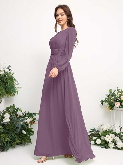 Carlyna Boat Neck Long Sleeve Chiffon Maxi Dress | Elegant A-Line Bridesmaid & Wedding Guest Dress Side View 4 #color_orchid-mist