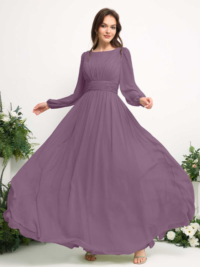 Carlyna Boat Neck Long Sleeve Chiffon Maxi Dress | Elegant A-Line Bridesmaid & Wedding Guest Dress Side View 5 #color_orchid-mist