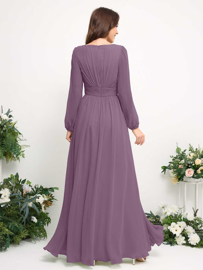 Carlyna Boat Neck Long Sleeve Chiffon Maxi Dress | Elegant A-Line Bridesmaid & Wedding Guest Dress Back View #color_orchid-mist