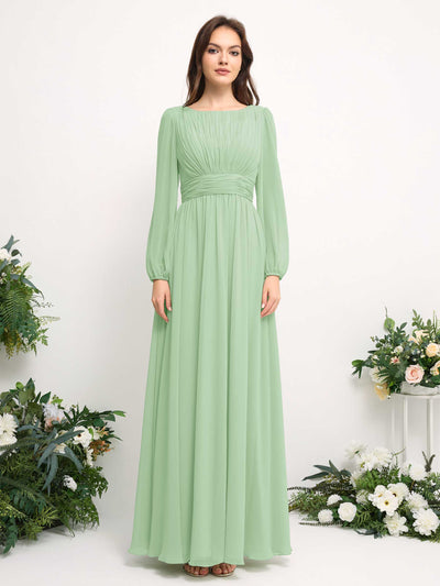 Carlyna Boat Neck Long Sleeve Chiffon Maxi Dress | Elegant A-Line Bridesmaid & Wedding Guest Dress Front View #color_mint-green
